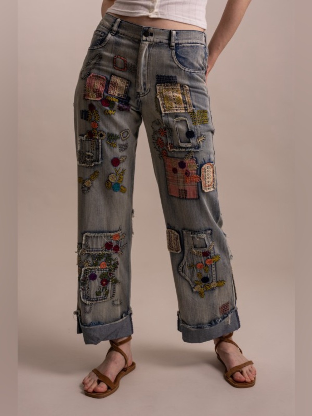Bluevelvet washed denim embroidered patchwork ruffle bohemian floral pants jeans